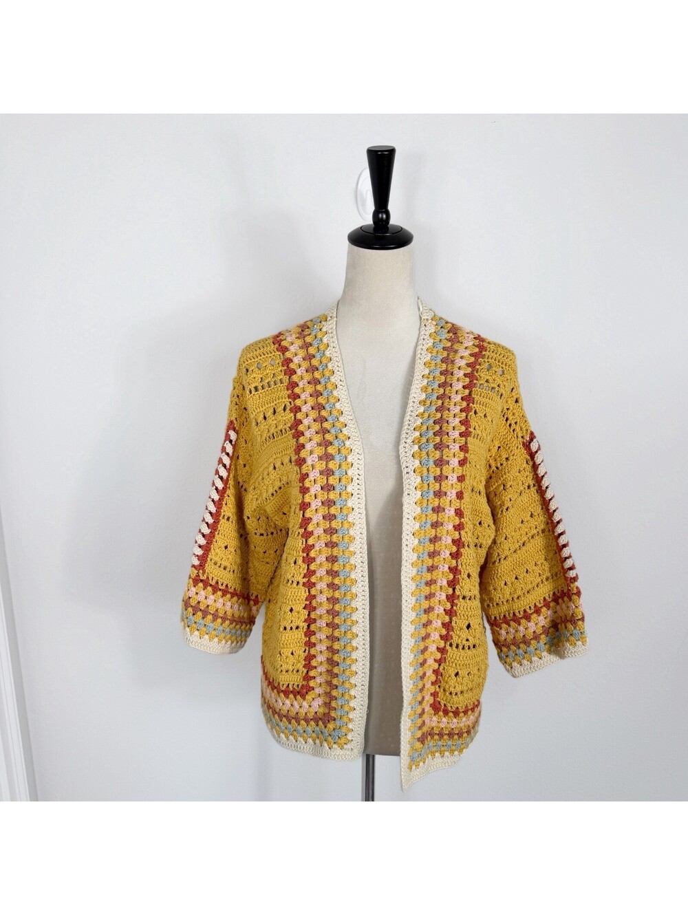 Driftwood Yellow Colorful Crochet Knit Open Cardigan Sweater Boho Festival Large